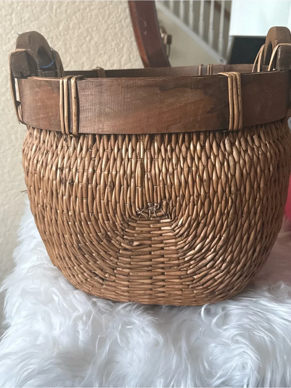 Antique Chinese Woven Willow Gathering Basket Medium Hand Carved Arched Handles